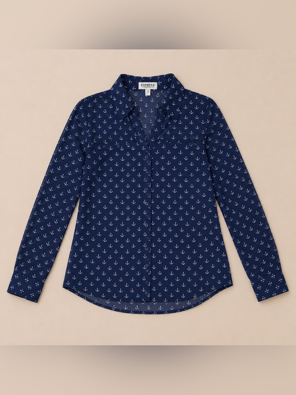 Express Portofino Navy Anchor Print Button Front Blouse Sheer Nautical Small - Picture 2 of 10